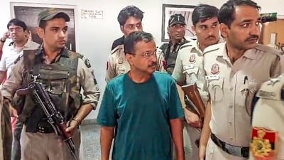 Delhi CM and Aam Aadmi Party (AAP) National Convenor Arvind Kejriwal being brought out of the courtroom for tea and biscuits after his sugar level dropped, at Rouse Avenue Court in New Delhi on Wednesday. He was taken to the Ahlmad room. (ANI Photo) (ANI ) Delhi CM and Aam Aadmi Party (AAP) National Convenor Arvind Kejriwal being brought out of the courtroom for tea and biscuits after his sugar level dropped, at Rouse Avenue Court in New Delhi on Wednesday. He was taken to the Ahlmad room. (ANI Photo) (ANI )