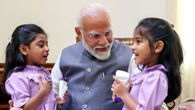 Prime Minister Narendra Modi meets with two little granddaughters of Harayana Governor Bandaru Dattatreya, at his Parliament office in New Delhi on Wednesday. (ANI Photo) (Bandaru Dattatreya - X) Prime Minister Narendra Modi meets with two little granddaughters of Harayana Governor Bandaru Dattatreya, at his Parliament office in New Delhi on Wednesday. (ANI Photo) (Bandaru Dattatreya - X)