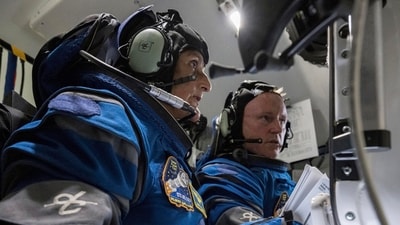 Boeing Crew Flight Test crew members Sunita Williams and Butch Wilmore work in the Boeing Starliner simulator at the Johnson Space Center in Houston on Nov. 3, 2022. The first flight of Boeing���s Starliner capsule with a crew on board is scheduled for Monday, May 6, 2024. (NASA/Robert Markowitz/PTI)(AP05_06_2024_000070A) (AP)