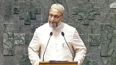 All India Majlis-e-Ittehadul Muslimeen (AIMIM) MP Asaduddin Owaisi takes oath as a Member of the 18th Lok Sabha during its second day, at the Parliament, in New Delhi on Tuesday. (ANI Photo/SansadTV) All India Majlis-e-Ittehadul Muslimeen (AIMIM) MP Asaduddin Owaisi takes oath as a Member of the 18th Lok Sabha during its second day, at the Parliament, in New Delhi on Tuesday. (ANI Photo/SansadTV)