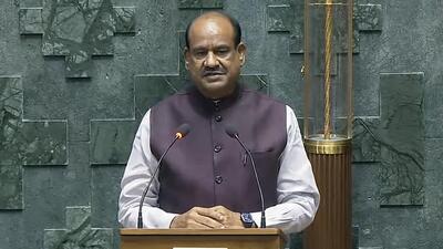 BJP MP Om Birla takes oath as a member of the 18th Lok Sabha on Tuesday. (ANI Photo) BJP MP Om Birla takes oath as a member of the 18th Lok Sabha on Tuesday. (ANI Photo)