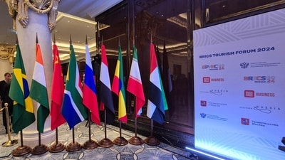 The BRICS (Brazil, Russia, India, China, South Africa) flags on display from the BRICS tourism forum held on June 21 in Moscow (Sukanya Saha) The BRICS (Brazil, Russia, India, China, South Africa) flags on display from the BRICS tourism forum held on June 21 in Moscow (Sukanya Saha)