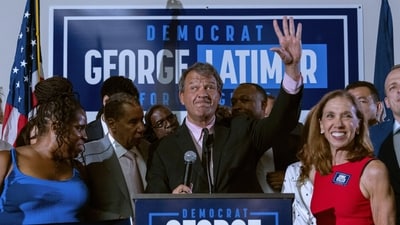 Westchester County Executive George Latimer speaks at his election night party in White Plains, N.Y., Tuesday, June 25, 2024. (AP Photo/Jeenah Moon) (AP)