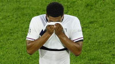 England's Jude Bellingham reacts during their Euro group match against Slovenia at Cologne Stadium on Tuesday. (REUTERS) England's Jude Bellingham reacts during their Euro group match against Slovenia at Cologne Stadium on Tuesday. (REUTERS)