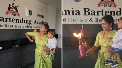 Kavita Medhar juggles while holding her baby. (Instagram/@kavitamedar28) Kavita Medhar juggles while holding her baby. (Instagram/@kavitamedar28)