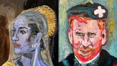Meghan Markle and Prince Harry have been depicted as "historic royals" in artwork created by Dan Llywelyn Hall. (PA) Meghan Markle and Prince Harry have been depicted as "historic royals" in artwork created by Dan Llywelyn Hall. (PA)