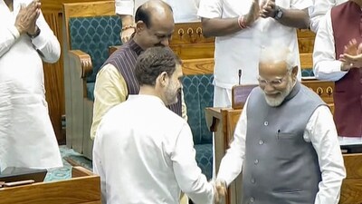 Prime Minister Narendra Modi and Leader of the Opposition Rahul Gandhi escort Om Birla to the chair after the latter was elected as the Speaker of the House during the first session of the 18th Lok Sabha (PTI) Prime Minister Narendra Modi and Leader of the Opposition Rahul Gandhi escort Om Birla to the chair after the latter was elected as the Speaker of the House during the first session of the 18th Lok Sabha (PTI)