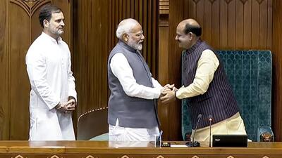 Prime Minister Narendra Modi and Leader of the Opposition Rahul Gandhi with newly elected Lok Sabha speaker Om Birla, at Parliament House in New Delhi on Wednesday. (ANI) Prime Minister Narendra Modi and Leader of the Opposition Rahul Gandhi with newly elected Lok Sabha speaker Om Birla, at Parliament House in New Delhi on Wednesday. (ANI)