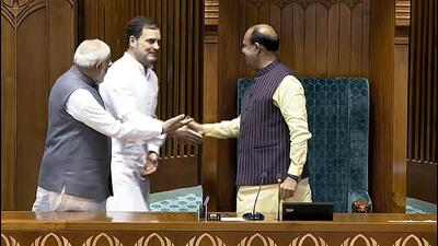 Prime Minister Narendra Modi and leader of opposition Rahul Gandhi greet Lok Sabha speaker Om Birla on Wednesday. (ANI Photo) Prime Minister Narendra Modi and leader of opposition Rahul Gandhi greet Lok Sabha speaker Om Birla on Wednesday. (ANI Photo)