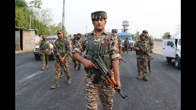 Security personnel patrol ahead of the annual Amarnath Yatra, near Bhagwati Nagar base camp in Jammu on Wednesday. Security has been heightened after recent terrorist attacks in the region. (PTI) Security personnel patrol ahead of the annual Amarnath Yatra, near Bhagwati Nagar base camp in Jammu on Wednesday. Security has been heightened after recent terrorist attacks in the region. (PTI)
