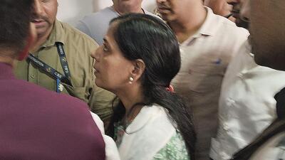Sunita Kejriwal, wife of Delhi chief minister Arvind Kejriwal, at Rouse Avenue Court where her husband has been produced by the CBI seeking his custody, in New Delhi on Wednesday. (PTI)
