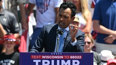 Entrepreneur and former US Republican presidential candidate Vivek Ramaswamy speaks at a campaign event for former US president and Republican presidential candidate Donald Trump in Racine, Wisconsin, on June 18, 2024. (Photo by Jim WATSON / AFP) (AFP)