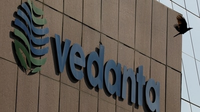 A bird flies past the logo of Vedanta installed on the facade of its headquarters in Mumbai (Danish Siddiqui/Reuters)