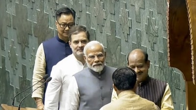 Prime Minister Narendra Modi, Leader of the Opposition Rahul Gandhi and Union Minister for Parliamentary Affairs Kiren Rijiju escort Om Birla to the chair after the latter was elected as the Speaker of the House during the first session of the 18th Lok Sabha, (PTI) Prime Minister Narendra Modi, Leader of the Opposition Rahul Gandhi and Union Minister for Parliamentary Affairs Kiren Rijiju escort Om Birla to the chair after the latter was elected as the Speaker of the House during the first session of the 18th Lok Sabha, (PTI)