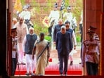 President Droupadi Murmu with Vice President Jagdeep Dhankhar and Prime Minister Narendra Modi at the Parliament House complex before her address to the joint sitting of of the Lok Sabha and Rajya Sabha, in New Delhi. President Droupadi Murmu with Vice President Jagdeep Dhankhar and Prime Minister Narendra Modi at the Parliament House complex before her address to the joint sitting of of the Lok Sabha and Rajya Sabha, in New Delhi.