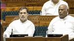 New Delhi: Congress MPs Mallikarjun Kharge and Rahul Gandhi during President Droupadi Murmu's address to the joint sitting of the Parliament, in New Delhi, Thursday, June 27, 2024. (PTI Photo) (PTI06_27_2024_000116B) (PTI)