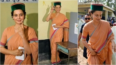Kangana stunned in an orange saree featuring trendy red and blue stripes while casting her vote in the Lok Sabha elections. Paired with a matching V-neck blouse and a Himachali cap adorning her head, she showcased the perfect blend of tradition and fashion. (PTI photo) Kangana stunned in an orange saree featuring trendy red and blue stripes while casting her vote in the Lok Sabha elections. Paired with a matching V-neck blouse and a Himachali cap adorning her head, she showcased the perfect blend of tradition and fashion. (PTI photo)