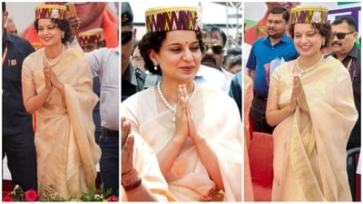 In another stunning look, Kangana donned an ethereal ivory silk saree adorned with intricate golden embroidered borders. Paired with a V-neck blouse, a pearl necklace, and a beautiful traditional Himachali woolen cap, she wowed onlookers with her beauty and incredible fashion sense. (PTI photo) In another stunning look, Kangana donned an ethereal ivory silk saree adorned with intricate golden embroidered borders. Paired with a V-neck blouse, a pearl necklace, and a beautiful traditional Himachali woolen cap, she wowed onlookers with her beauty and incredible fashion sense. (PTI photo)