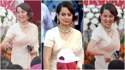 For the swearing-in ceremony of the new Union government, BJP MP Kangana Ranaut adorned a captivating ivory saree embellished with golden borders. Paired with a V-neck blouse and styled with a luxurious diamond necklace and statement earrings, she radiated royal elegance. (PTI photo) For the swearing-in ceremony of the new Union government, BJP MP Kangana Ranaut adorned a captivating ivory saree embellished with golden borders. Paired with a V-neck blouse and styled with a luxurious diamond necklace and statement earrings, she radiated royal elegance. (PTI photo)