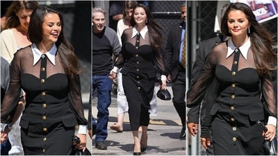 Selena Gomez recently turned heads in a stunning bodycon dress that adds a modern twist to power dressing. For her appearance on The Tonight Show Starring Jimmy Fallon, the popular singer donned a black, body-hugging dress with a white collared neckline, sheer black full sleeves, and golden buttons all over. With loose tresses, glamorous makeup, and dangling silver earrings, she looked absolutely gorgeous. (Instagram) Selena Gomez recently turned heads in a stunning bodycon dress that adds a modern twist to power dressing. For her appearance on The Tonight Show Starring Jimmy Fallon, the popular singer donned a black, body-hugging dress with a white collared neckline, sheer black full sleeves, and golden buttons all over. With loose tresses, glamorous makeup, and dangling silver earrings, she looked absolutely gorgeous. (Instagram)