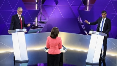 Labour Party leader Keir Starmer (L) and Britain's Prime Minister and Conservative Party leader Rishi Sunak attend a live TV debate, hosted by The BBC. (AFP)