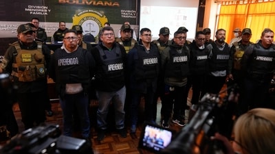 People arrested in connection with the previous day's uprising are presented to the press in La Paz, Bolivia, Thursday, June 27, 2024. (AP Photo/Juan Karita)