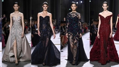 This combination of pictures created on June 26, 2024 shows
models present creations by Elie Saab during the Haute-Couture Fall/Winter 2024 show as part of the Paris Fashion Week, at le Musee des Arts Decoratifs. (Photo by JULIEN DE ROSA / AFP) This combination of pictures created on June 26, 2024 shows
models present creations by Elie Saab during the Haute-Couture Fall/Winter 2024 show as part of the Paris Fashion Week, at le Musee des Arts Decoratifs. (Photo by JULIEN DE ROSA / AFP)