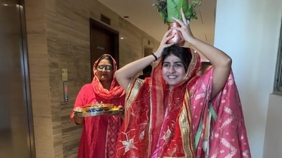“Buying a house under 25. Brb paying EMI’s,” Chandni Bhabhda captioned pictures of her grih-pravesh ceremony on Instagram. The content creator, who is famous for her mimicry of Alia Bhatt, is the proud owner of an apartment in Mumbai’s Andheri area.&nbsp; (Instagram)