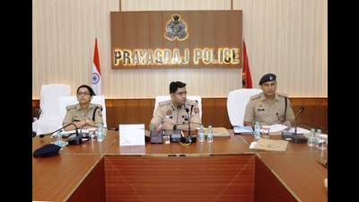 Commissioner of Police Tarun Gaba conducting a meeting with police officials in Prayagraj. (HT Photo)