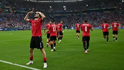Georgia's forward Khvicha Kvaratskhelia celebrates scoring his team's goal. (AFP) Georgia's forward Khvicha Kvaratskhelia celebrates scoring his team's goal. (AFP)