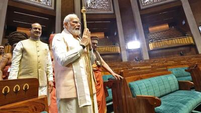 In May last year, Prime Minister Narendra Modi placed the ‘Sengol’ sceptre in the Lok Sabha chamber near the Speaker’s chair during the inauguration of the new Parliament building (File Photo) In May last year, Prime Minister Narendra Modi placed the ‘Sengol’ sceptre in the Lok Sabha chamber near the Speaker’s chair during the inauguration of the new Parliament building (File Photo)