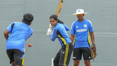 India women's Priya Punia during a practice session ahead of the one-off Test against South Africa in Chennai on Thursday. (PTI) India women's Priya Punia during a practice session ahead of the one-off Test against South Africa in Chennai on Thursday. (PTI)