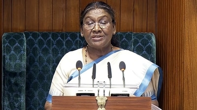 President Droupadi Murmu during the joint sitting of both Houses of Parliament, in New Delhi on Thursday. (ANI ) President Droupadi Murmu during the joint sitting of both Houses of Parliament, in New Delhi on Thursday. (ANI )