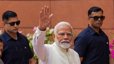 Prime Minister Narendra Modi gestures upon his arrival at the Parliament House complex in New Delhi on June 24, 2024. (PTI) Prime Minister Narendra Modi gestures upon his arrival at the Parliament House complex in New Delhi on June 24, 2024. (PTI)