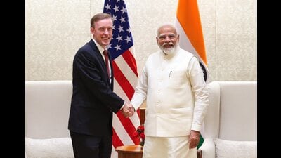 New Delhi: Prime Minister Narendra Modi with US National Security Advisor Jake Sullivan at a meeting, in New Delhi, Monday, June 17, 2024. (PTI Photo) (PTI)
