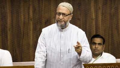 AIMIM chief and MP Asaduddin Owaisi speaks in the House during the first session of the 18th Lok Sabha in New Delhi on June 26. (PTI) AIMIM chief and MP Asaduddin Owaisi speaks in the House during the first session of the 18th Lok Sabha in New Delhi on June 26. (PTI)