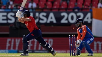 Axar Patel got the breakthrough in the form of Jos Buttler in the fourth over and went on to take a wicket off the first balls of both his subsequent overs. (PTI) Axar Patel got the breakthrough in the form of Jos Buttler in the fourth over and went on to take a wicket off the first balls of both his subsequent overs. (PTI)