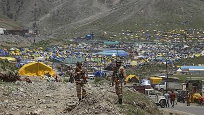 Security personnel stand guard at an Amarnath base at Baltal, Ganderbal. (PTI) Security personnel stand guard at an Amarnath base at Baltal, Ganderbal. (PTI)