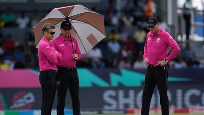 Virat Kohli's lean run continued as he fell for just nine runs in the third over of the match. India lost another wicket in the form of Rishabh Pant in the powerplay, at the end of which their score was 46/2. Rohit Sharma and Suryakumar Yadav were just starting to look good when rain returned and forced the players off the field after the eighth over. (AP) Virat Kohli's lean run continued as he fell for just nine runs in the third over of the match. India lost another wicket in the form of Rishabh Pant in the powerplay, at the end of which their score was 46/2. Rohit Sharma and Suryakumar Yadav were just starting to look good when rain returned and forced the players off the field after the eighth over. (AP)