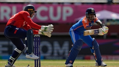 Suryakumar continued to race along and fell to Jofra Archer in the 16th over on 47 off 36 balls. (AP) Suryakumar continued to race along and fell to Jofra Archer in the 16th over on 47 off 36 balls. (AP)