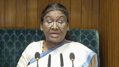 Thursday’s address was her first one to the joint sitting of Parliament since the constitution of the 18th Lok Sabha. (PTI photo.) Thursday’s address was her first one to the joint sitting of Parliament since the constitution of the 18th Lok Sabha. (PTI photo.)