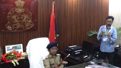 The image shows 9-year-old Ranveer Bharti, undergoing treatment for a brain tumour, who became an "IPS officer" for a day in Varanasi. (X/@adgzonevaranasi) The image shows 9-year-old Ranveer Bharti, undergoing treatment for a brain tumour, who became an "IPS officer" for a day in Varanasi. (X/@adgzonevaranasi)