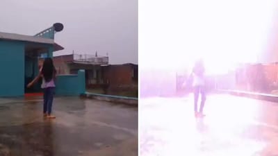 The image shows a girl running away from lightning. A moment earlier, she was making a reel in the rain. (X/@sdcworldoffl) The image shows a girl running away from lightning. A moment earlier, she was making a reel in the rain. (X/@sdcworldoffl)