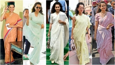 Kangana Ranaut's Parliamentary fashion diaries are all about rocking the six yards of grace with the utmost elegance. The actor-turned-politician knows how to remain in the headlines, whether it's for her controversial statements or stylish looks. Whenever she steps out, she makes sure to turn heads. From elegant chiffon sarees to opulent silk and Kanjeevaram, Kangana's looks are a treasure trove of ethnic fashion inspiration. Scroll down to check out her mesmerising saree looks and take some style notes. (PTI photo) Kangana Ranaut's Parliamentary fashion diaries are all about rocking the six yards of grace with the utmost elegance. The actor-turned-politician knows how to remain in the headlines, whether it's for her controversial statements or stylish looks. Whenever she steps out, she makes sure to turn heads. From elegant chiffon sarees to opulent silk and Kanjeevaram, Kangana's looks are a treasure trove of ethnic fashion inspiration. Scroll down to check out her mesmerising saree looks and take some style notes. (PTI photo)