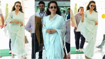 Kangana is a fan of pastel colours, and her saree collection is a testament to that. In another elegant look, the actor/politician can be seen donning a light blue chiffon saree adorned with enchanting white floral embroidery. Styled with sunglasses and statement earrings, she looked absolutely stunning. (PTI photo) Kangana is a fan of pastel colours, and her saree collection is a testament to that. In another elegant look, the actor/politician can be seen donning a light blue chiffon saree adorned with enchanting white floral embroidery. Styled with sunglasses and statement earrings, she looked absolutely stunning. (PTI photo)