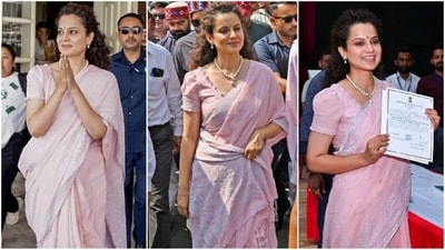 Kangana Ranaut sported a beautiful baby pink saree for her celebratory look after her victory from the Mandi seat in the Lok Sabha elections. Paired with a matching blouse adorned with ruffle detailing and a pearl necklace set, she finished off her glam saree look. (PTI photo) Kangana Ranaut sported a beautiful baby pink saree for her celebratory look after her victory from the Mandi seat in the Lok Sabha elections. Paired with a matching blouse adorned with ruffle detailing and a pearl necklace set, she finished off her glam saree look. (PTI photo)
