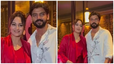 Sonakshi Sinha and Zaheer Iqbal smiled and posed for the paparazzi. Sonakshi Sinha and Zaheer Iqbal smiled and posed for the paparazzi.