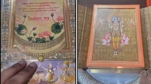 A closer look at Anant Ambani's wedding invite. A closer look at Anant Ambani's wedding invite.