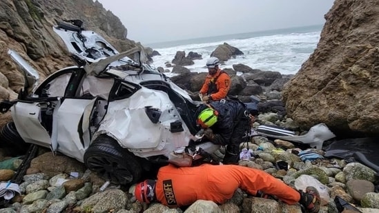 The wife of Dharmesh Patel, a California radiologist accused of trying to kill his family when he drove his Tesla off a cliff along the Northern California coast, told rescuers her husband was depressed and needed a psychological evaluation, according to a search warrant affidavit unsealed in May 2023. (AP)