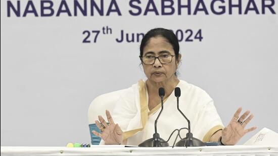 West Bengal chief minister Mamata Banerjee addresses a review meeting regarding hawkers and encroachment in Howrah district on June 27 (PTI)